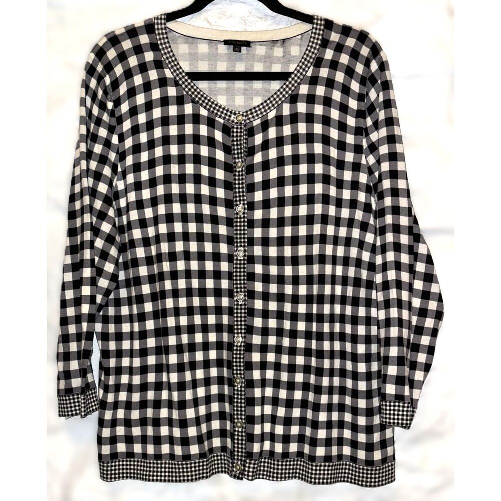 Talbots Black/White Check Light Cardigan Contrasting Preppy/Classic Coquette XL